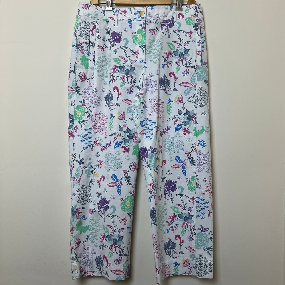 Talbots Stretch Cotton White Multicolor Cropped Floral Capri Pants 12 Large